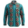 Teal FR work shirt with geometric pattern on a white background