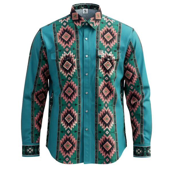 Teal FR work shirt with geometric pattern on a white background