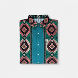 Teal shirt with geometric pattern on a white background