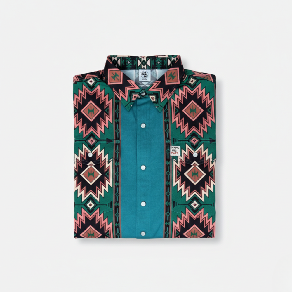 Teal shirt with geometric pattern on a white background