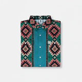 Teal shirt with geometric pattern on a white background