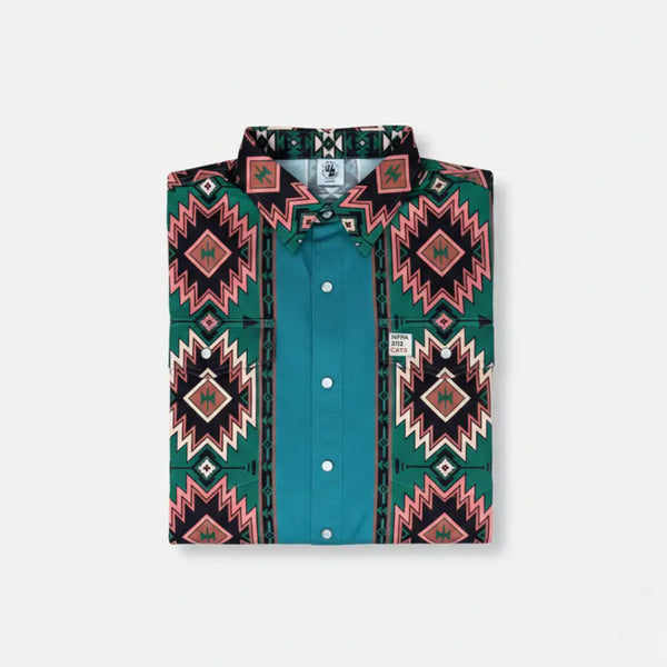 Teal shirt with geometric pattern on a white background
