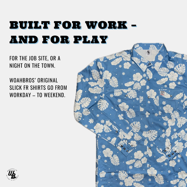 Blue floral patterned shirt with promotional text on a white background
