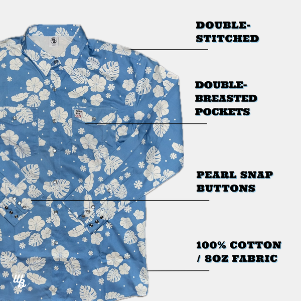 Blue shirt with white floral pattern on a white background, featuring text about shirt details.