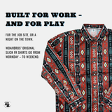 Patterned shirt with promotional text on a white background