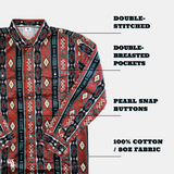 Red patterned shirt with text highlighting features on a white background