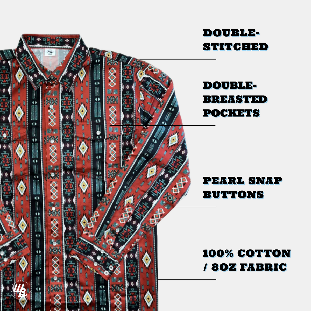 Red patterned shirt with text highlighting features on a white background