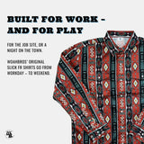 Patterned shirt with promotional text on a white background