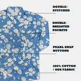 Blue shirt with white floral pattern on a white background, featuring text about shirt details.