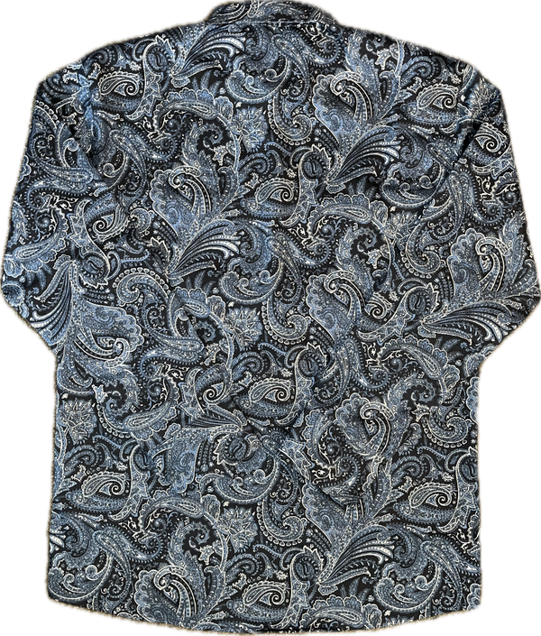 Short-sleeve shirt with a detailed paisley pattern on a white background