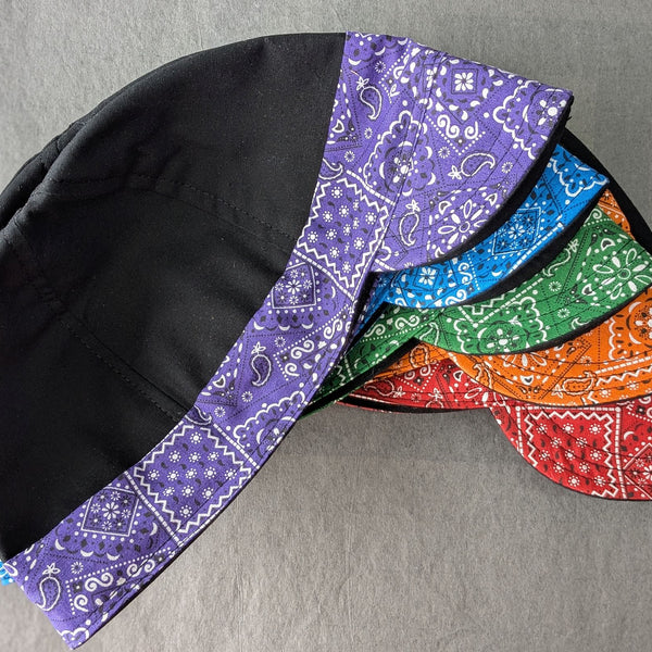 Five Bandanna 2 Tone welding caps in Black with purle, blue, green, orange and red bandanna prints