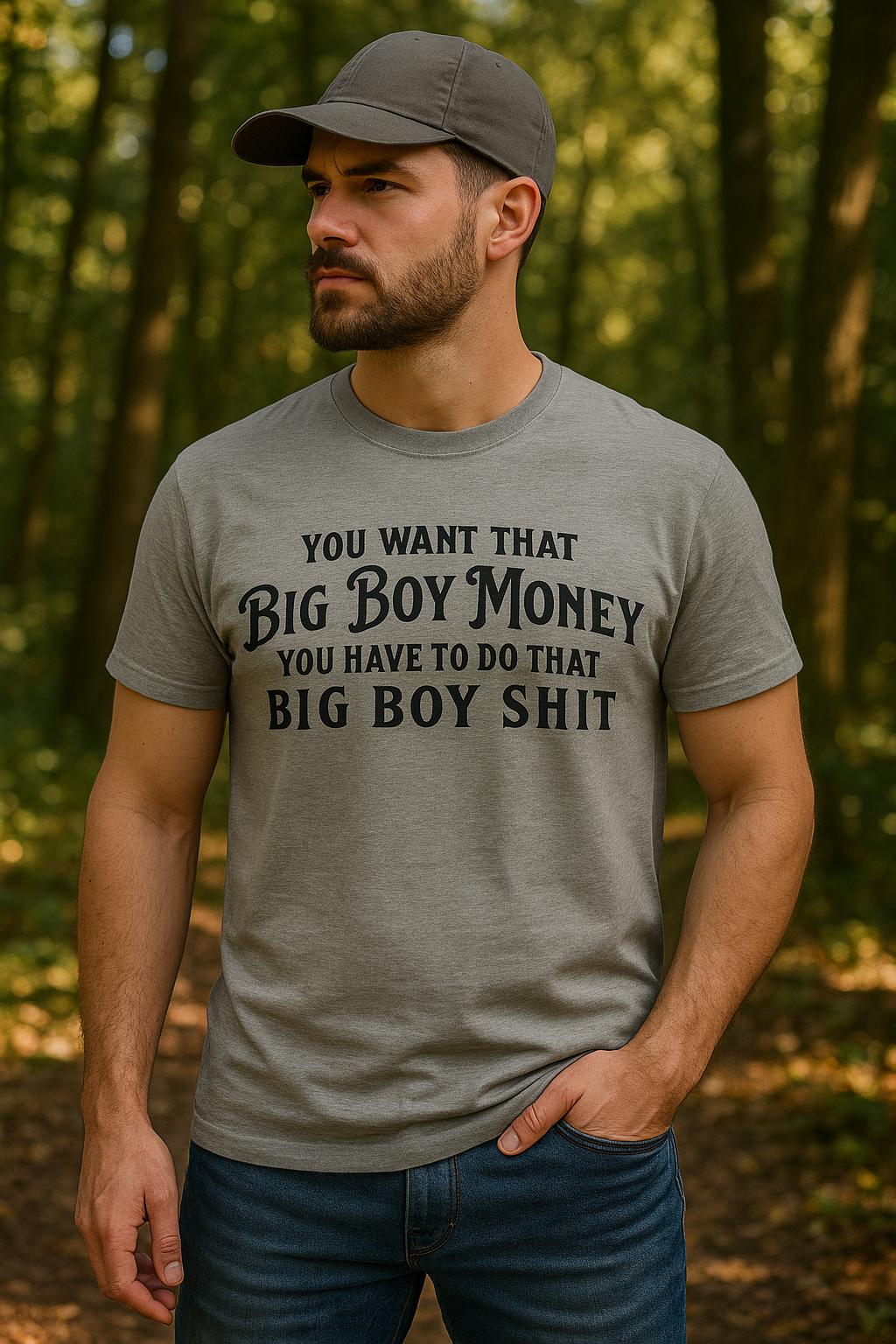 A bearded man wearing a gray “Big Boy Money” T-shirt stands outdoors in a forest setting, sunlight filtering through the trees, highlighting the shirt’s bold black lettering across the chest.