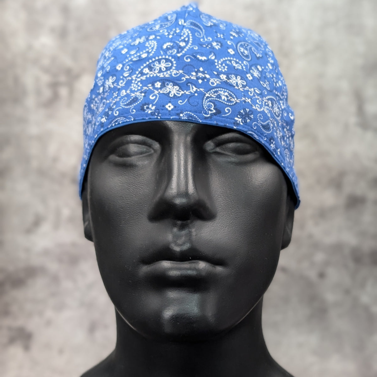 Front view of the Blue Paisley Bandanna welding cap