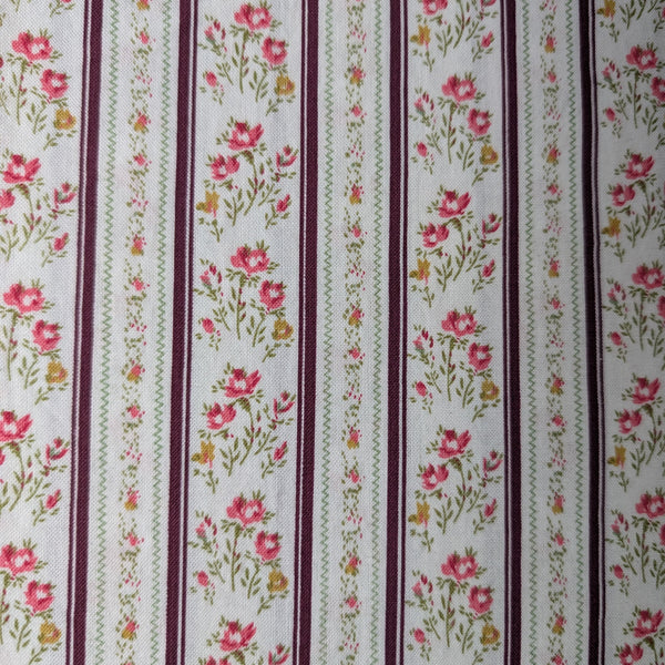 Ticking w/ Burgundy Stripe Welding Cap fabric – cream base with burgundy and green stripes and pink floral details, handcrafted cotton welding hat by HD Welding Hats.