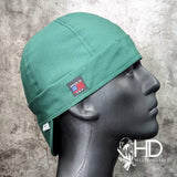 Hunter Green Welding Cap with solid cotton fabric, FR denim brim, and Made in USA label by HD Welding Hats.