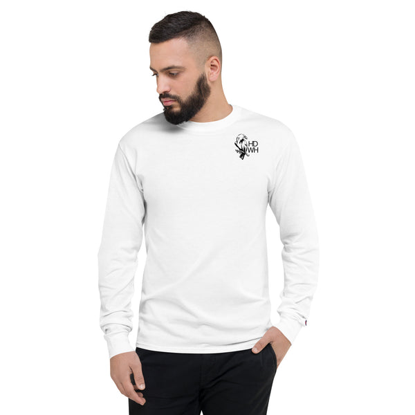Modle wearing the HD Logo mens Champion long sleeve shirt