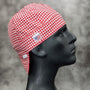 HD Welding Hats Red Houndstooth Welding Cap – red and white cotton fabric, handmade in the USA with FR denim brim and custom fit options.