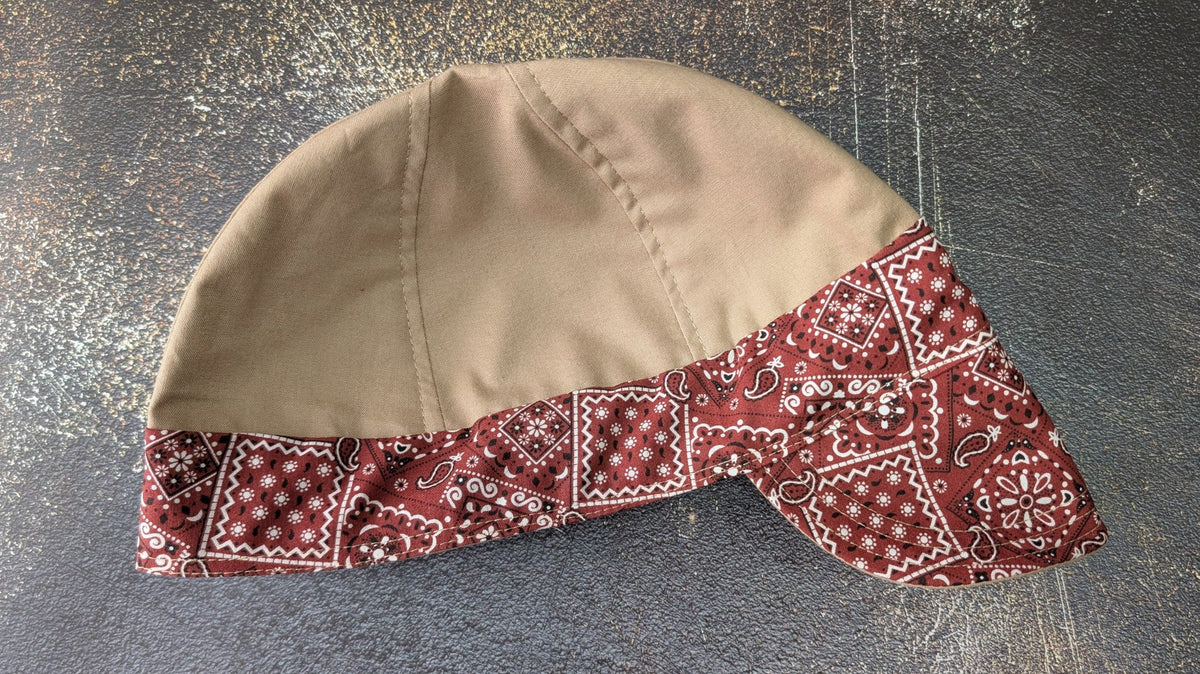 Rust Bandanna 2 Tone Welding Cap side view with tan cotton crown and rust bandanna print band and brim, handmade by HD Welding Hats.