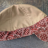 Rust Bandanna 2 Tone Welding Cap side view with tan cotton crown and rust bandanna print band and brim, handmade by HD Welding Hats.